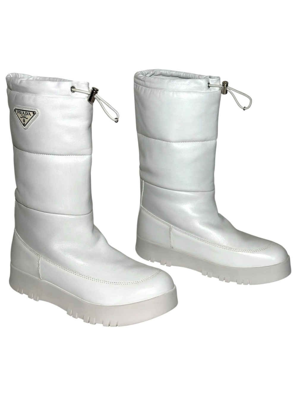 Prada White Leather Quilted Platform Moon Boots Weiss size 40 US 10 Puffer Snow